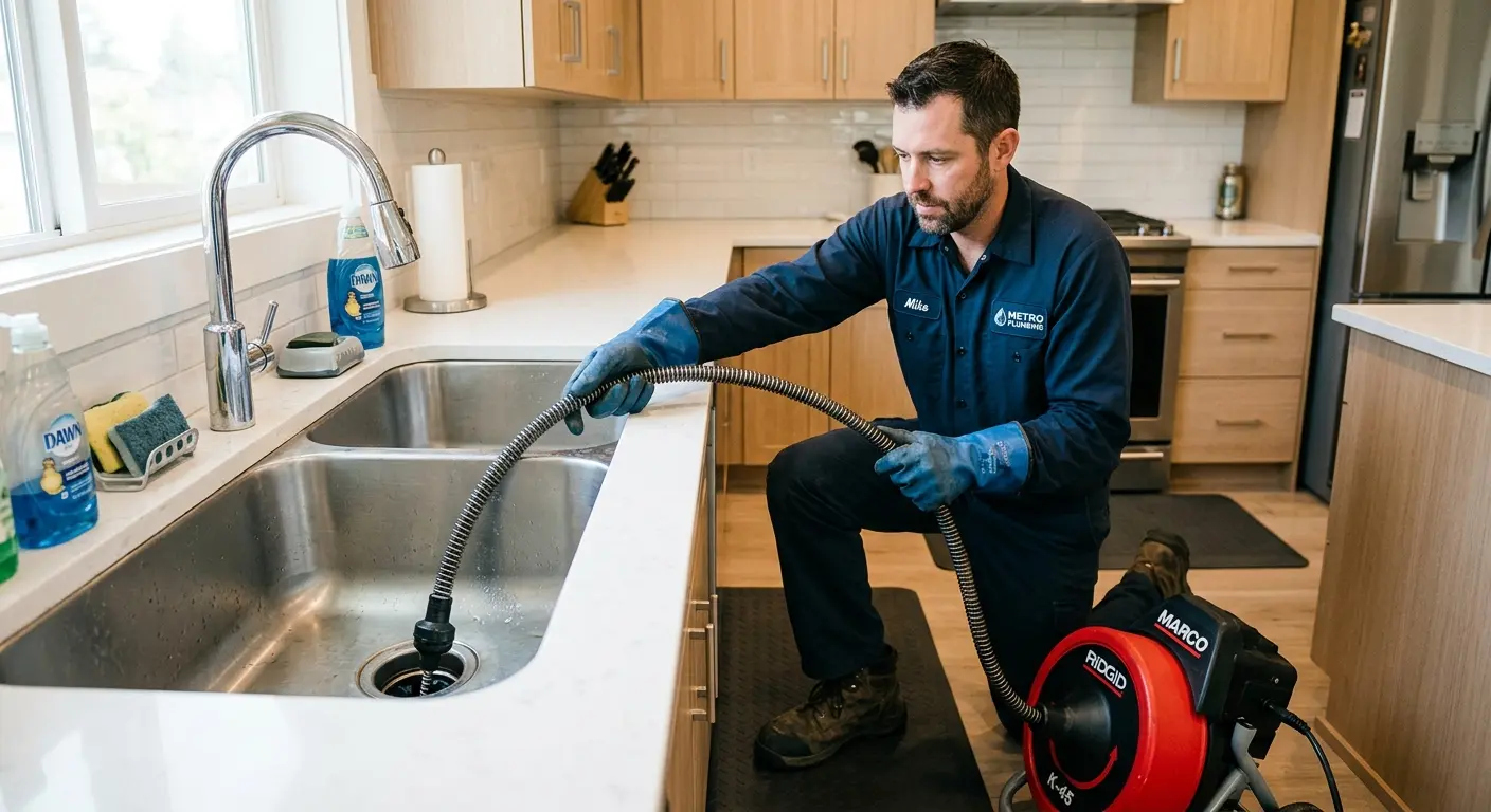 Drain cleaning technician using a motorized snake on a kitchen sink in St. Paul Park