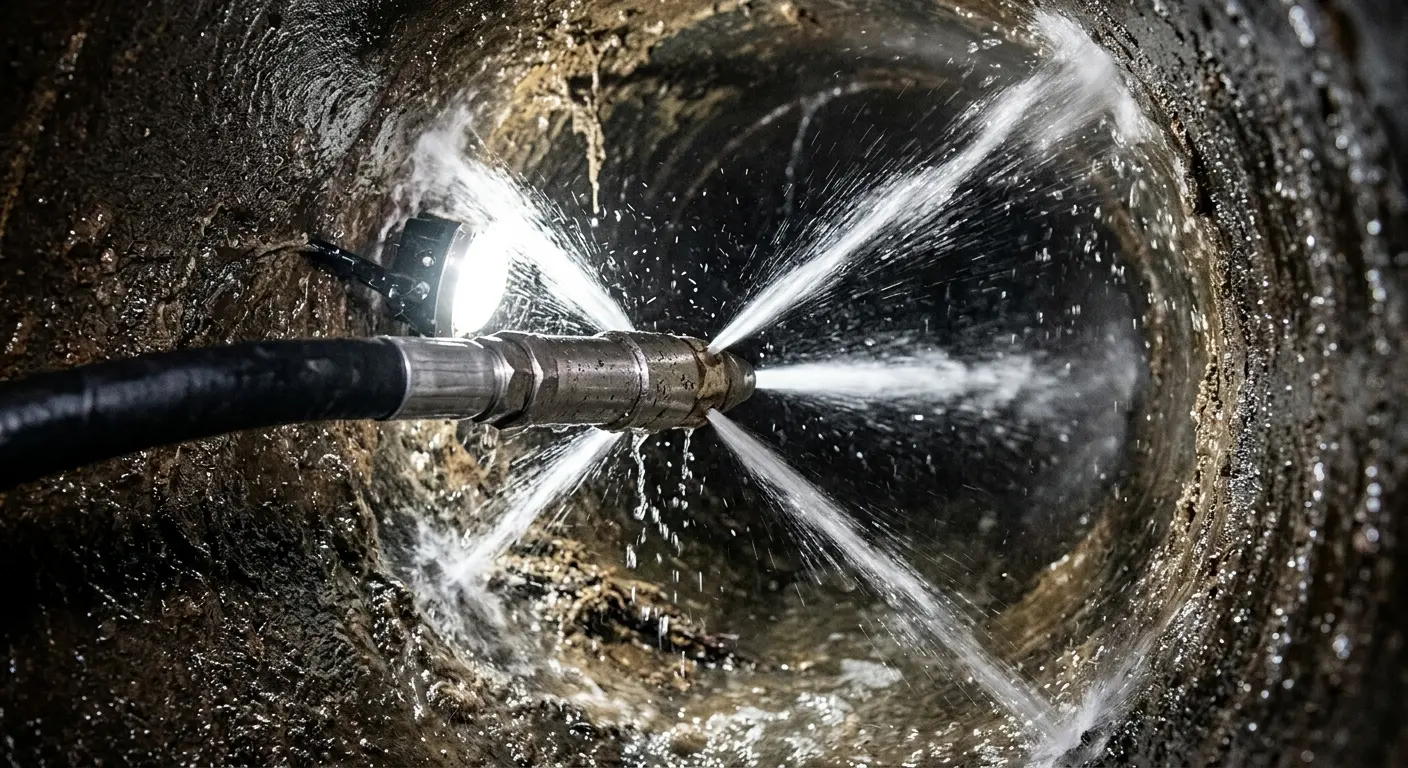 High-pressure hydro jetting nozzle cleaning sewer pipe for Emergency Drain Service in St. Paul Park