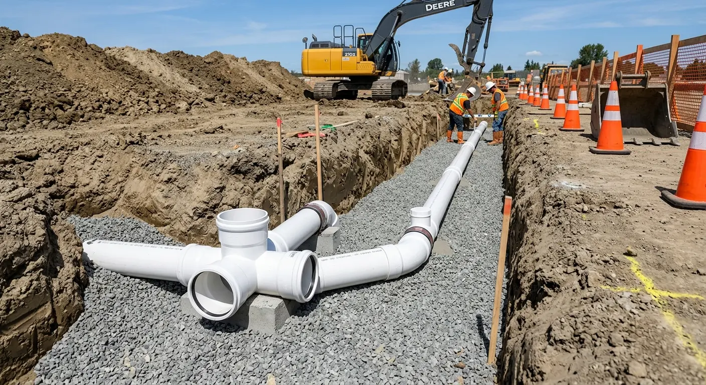New PVC sewer pipe installation in open trench for Sewer Backup in St. Paul Park
