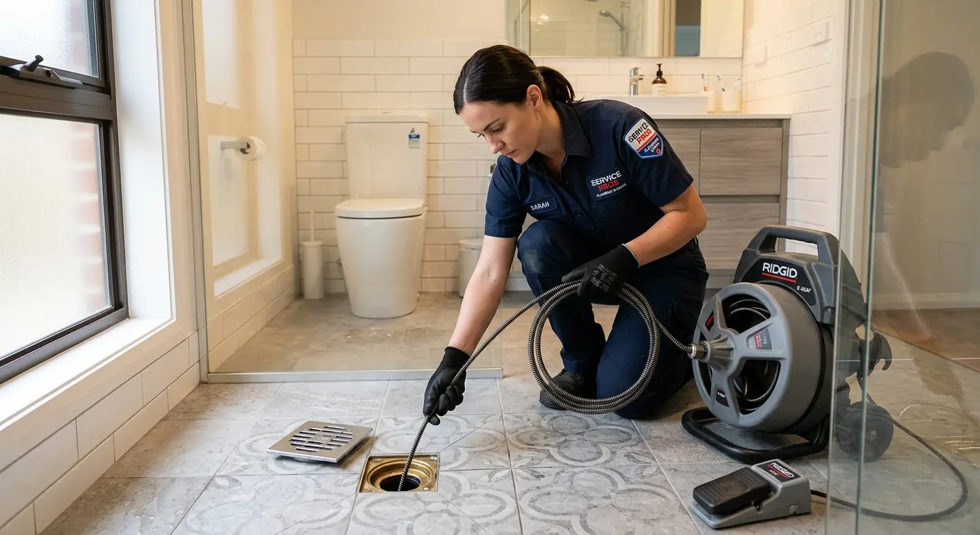 Technician clearing a bathroom floor drain for Drain Cleaning in St. Paul Park